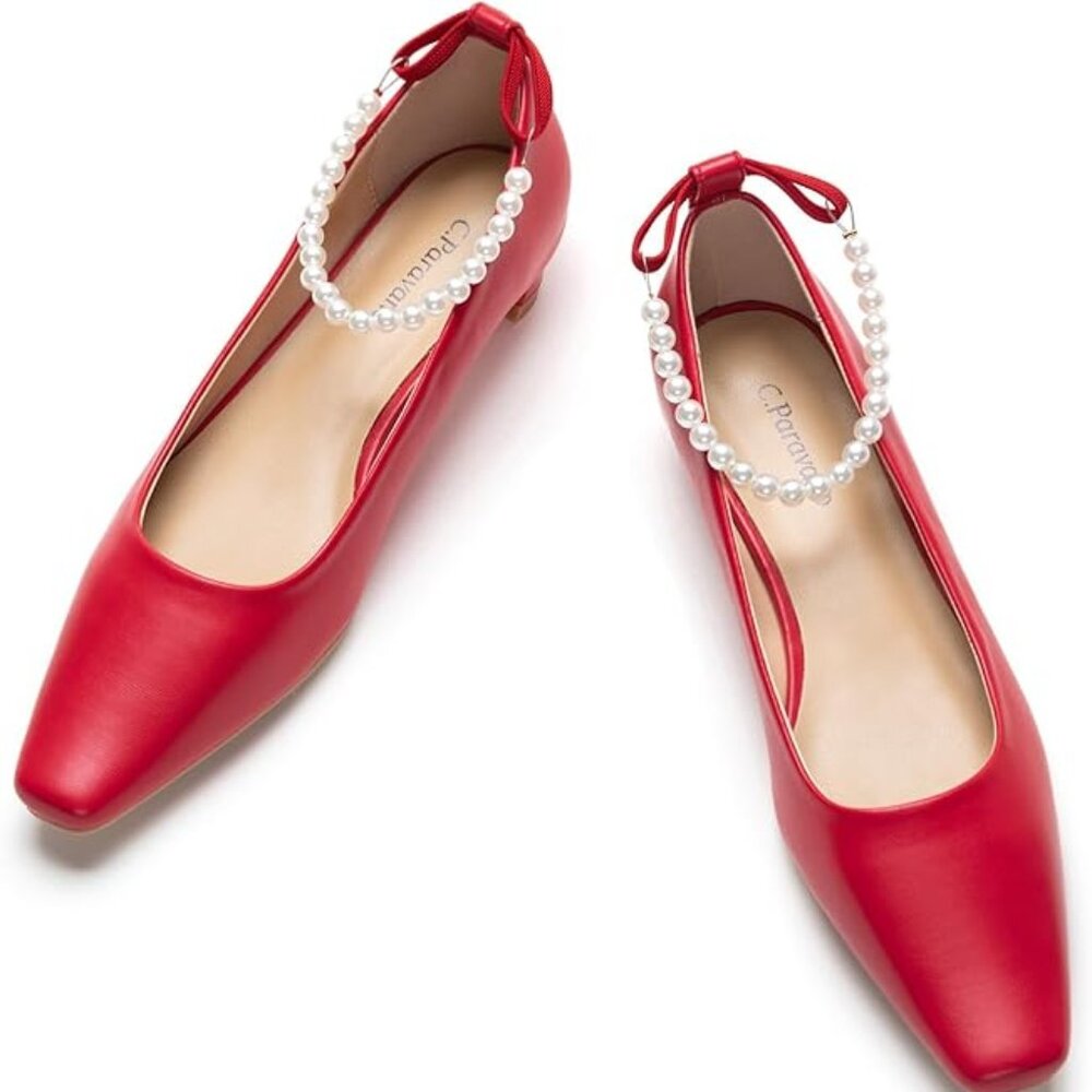 C.Paravano Red Low Heel Women's Pumps Bridal Wedding Shoes -Size 6.5, UK 37